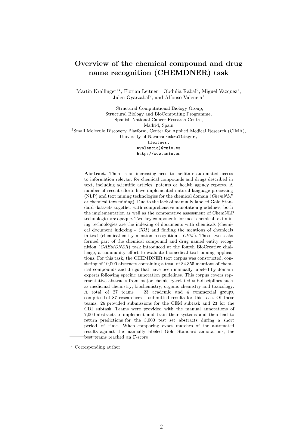 Overview of the Chemical Compound and Drug Name Recognition (CHEMDNER) Task