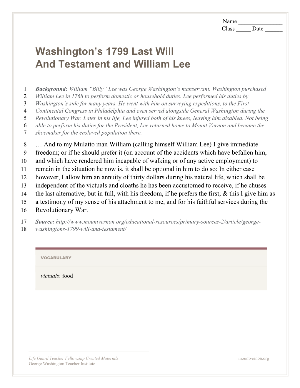 Washington's 1799 Last Will and Testament and William