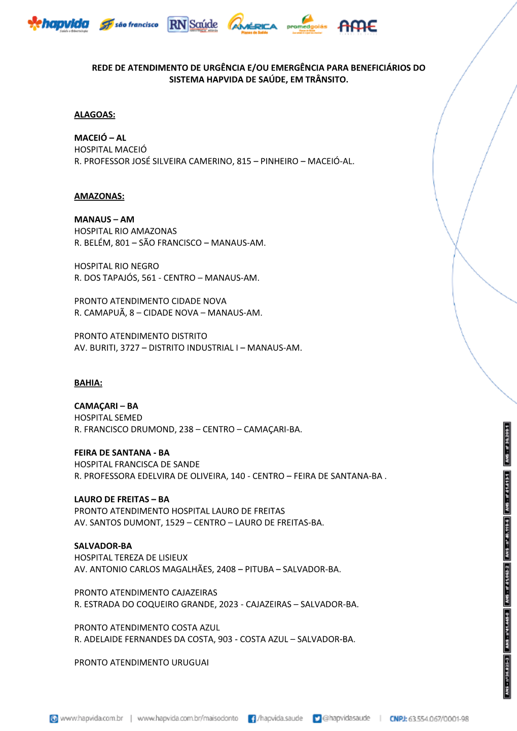 Rede De Atendimento De Urgência E/Ou Emergência Para Beneficiários Do Sistema Hapvida De Saúde, Em Trânsito