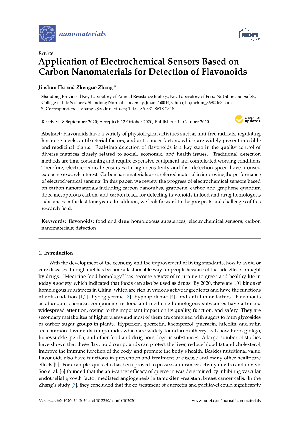 Application of Electrochemical Sensors Based on Carbon Nanomaterials for Detection of Flavonoids