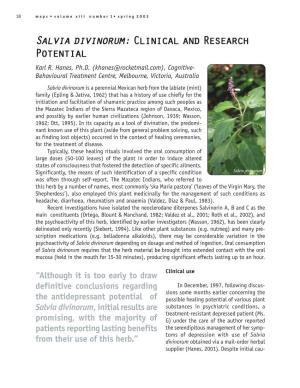 Salvia Divinorum: Clinical and Research Potential