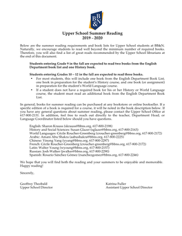 Upper School Summer Reading 2019 – 2020