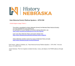 State Historical Society Platform Speakers—1878-1940
