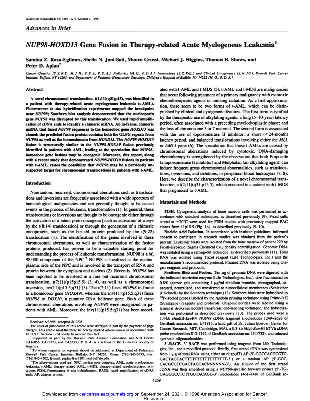 NUP98-HOXD13 Gene Fusion in Therapy-Related Acute Myelogenous Leukemia1