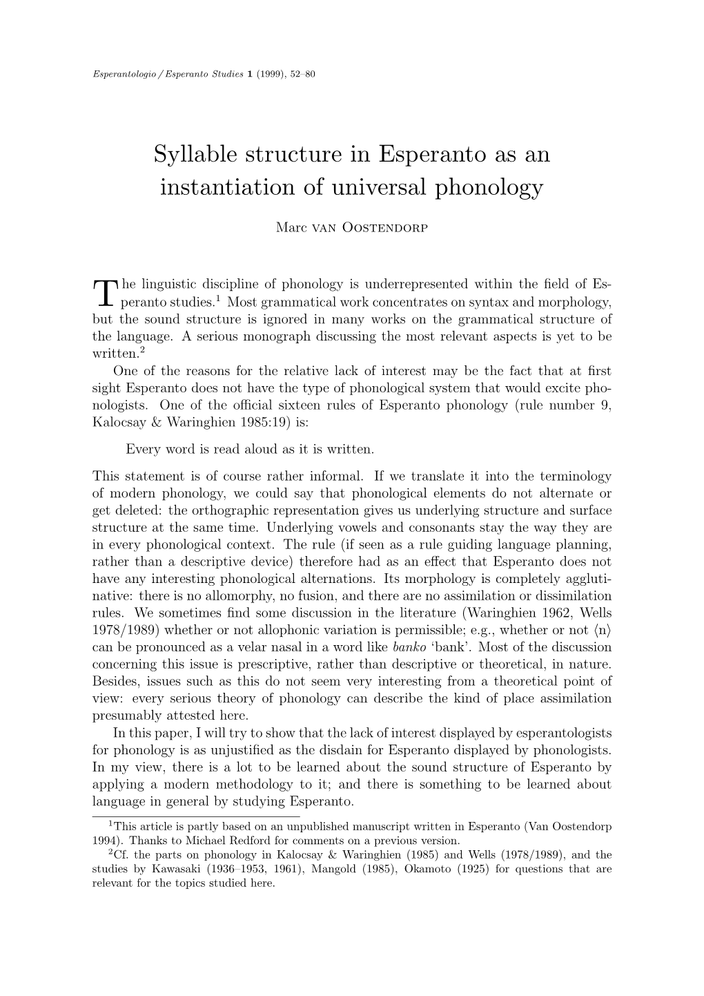 Syllable Structure in Esperanto As an Instantiation of Universal Phonology