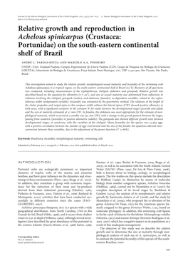 Relative Growth and Reproduction in Achelous Spinicarpus (Crustacea: Portunidae) on the South-Eastern Continental Shelf of Brazil Andre’ L