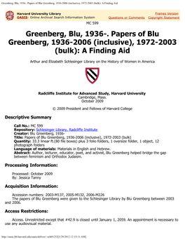 Greenberg, Blu, 1936-. Papers of Blu Greenberg, 1936-2006 (Inclusive), 1972-2003 (Bulk): a Finding Aid