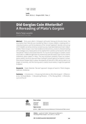 Did Gorgias Coin Rhetorike? a Rereading of Plato's Gorgias