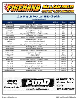 2016 Playoff Football Team HITS Checklists Group Break Guide
