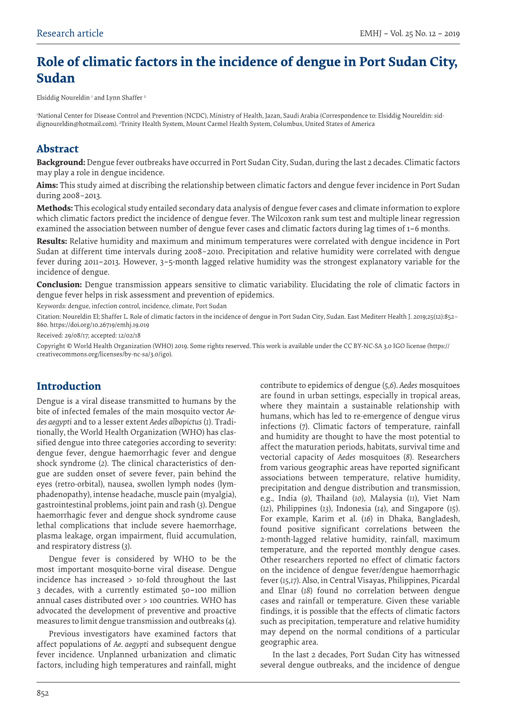 Role of Climatic Factors in the Incidence of Dengue in Port Sudan City, Sudan