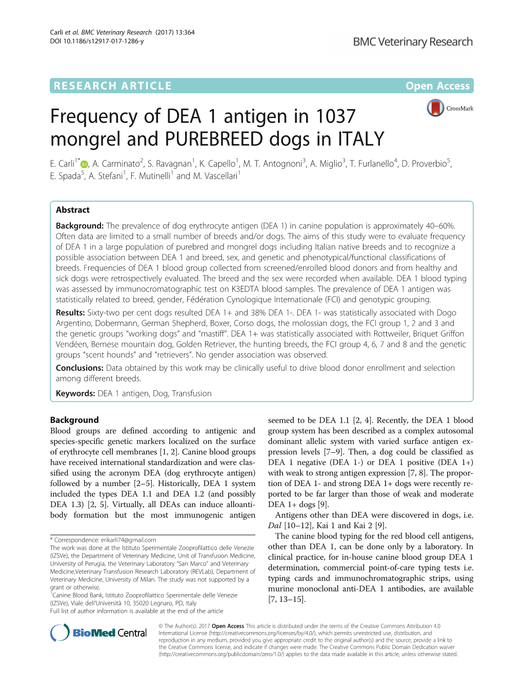 Frequency of DEA 1 Antigen in 1037 Mongrel and PUREBREED Dogs in ITALY E