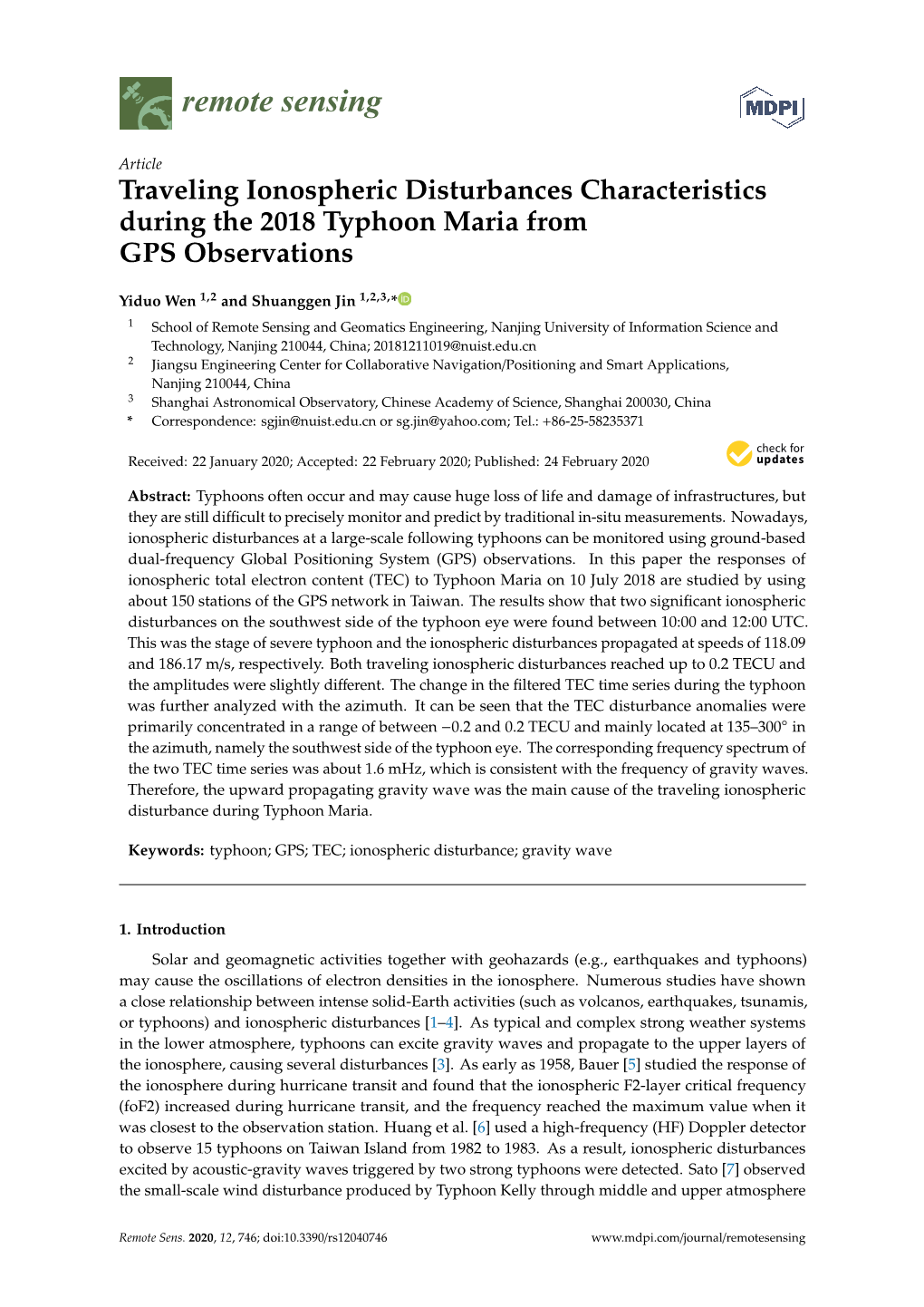Traveling Ionospheric Disturbances Characteristics During the 2018 Typhoon Maria from GPS Observations