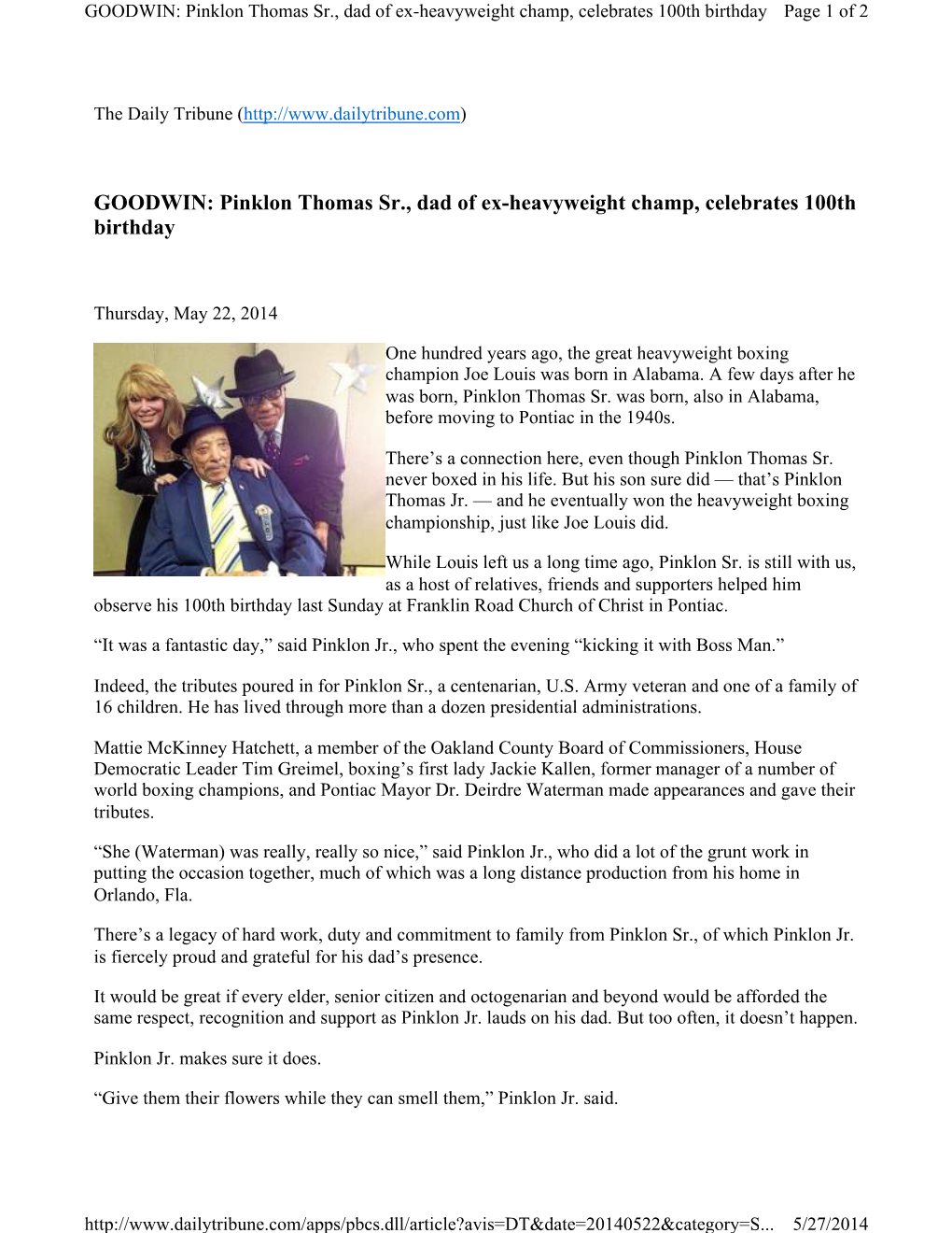 GOODWIN: Pinklon Thomas Sr., Dad of Ex-Heavyweight Champ, Celebrates 100Th Birthday Page 1 of 2