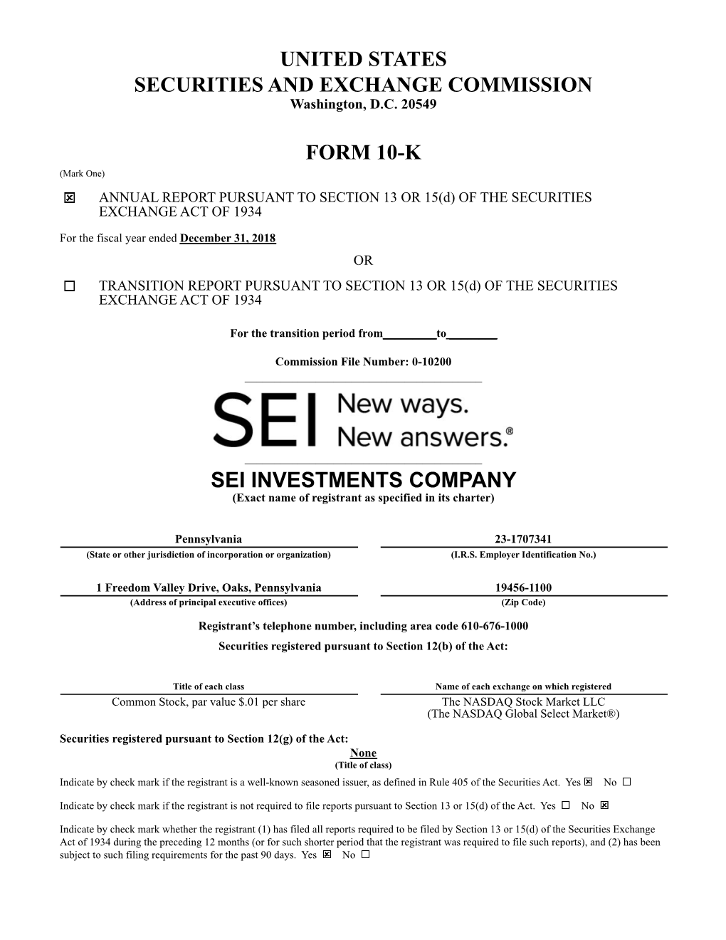 United States Securities and Exchange Commission Form 10-K Sei Investments Company