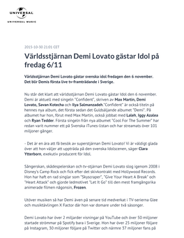 Världsstjärnan Demi Lovato Gästar Idol På Fredag 6/11