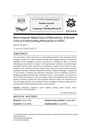 Refocusing the Digital Lens of Idiomaticity: a Second Look at Understanding Idiomaticity in CALL1 John I