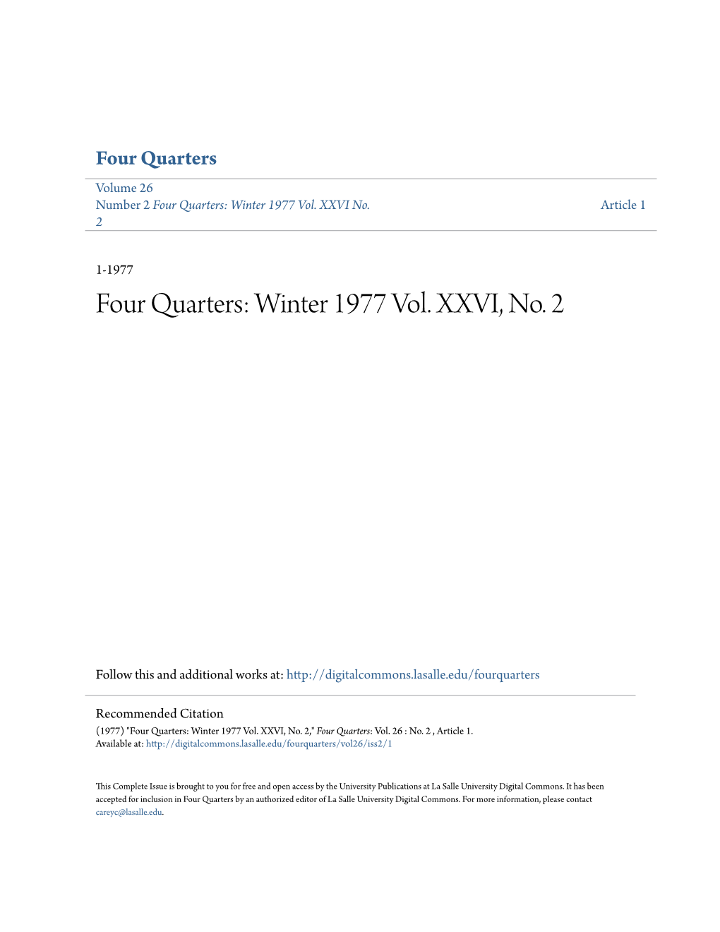 Four Quarters Volume 26 Number 2 Four Quarters: Winter 1977 Vol