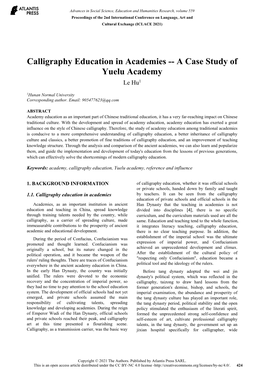Calligraphy Education in Academies -- a Case Study of Yuelu Academy Le Hu1