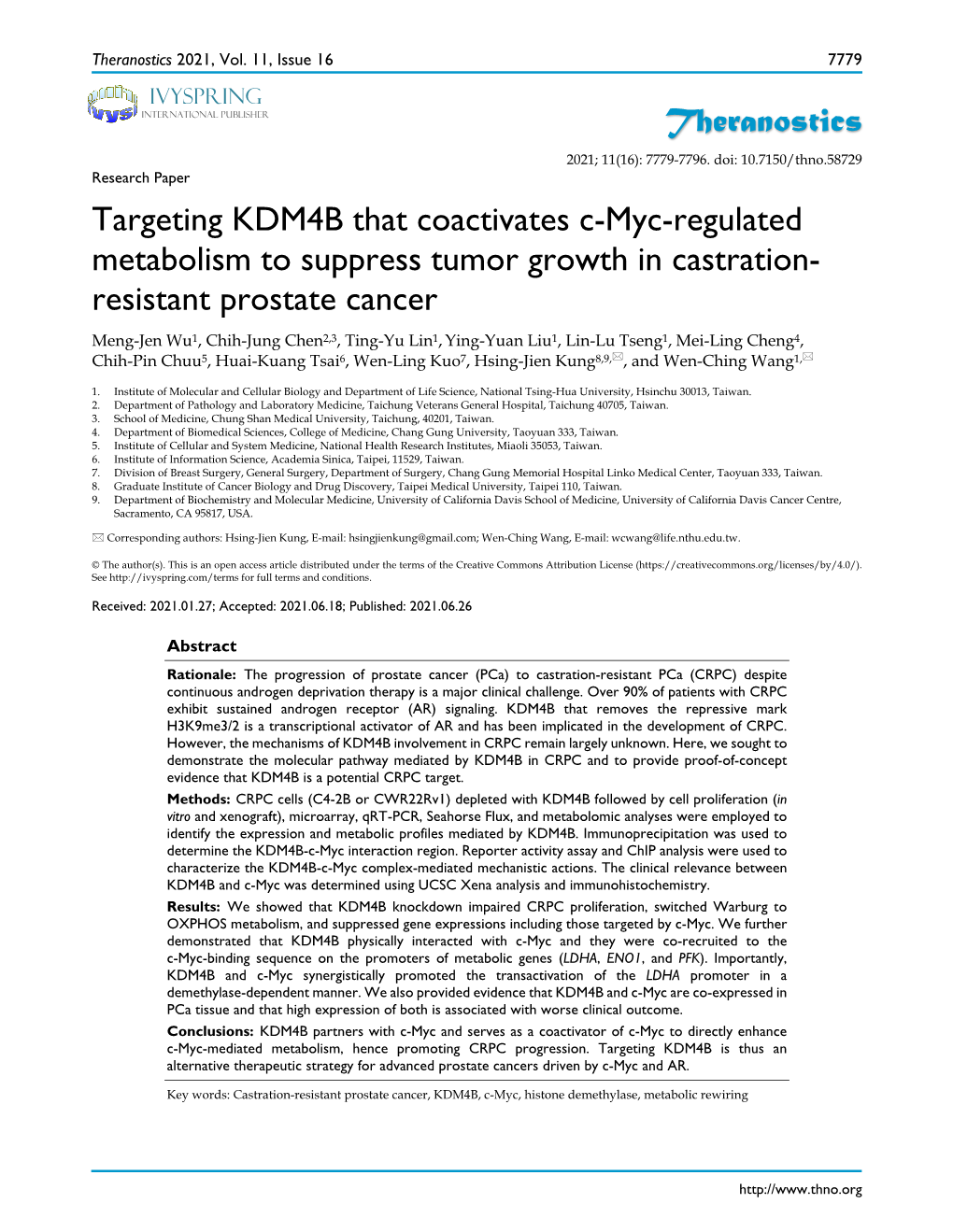 Theranostics Targeting KDM4B That Coactivates C-Myc-Regulated Metabolism to Suppress Tumor Growth in Castration- Resistant Prost