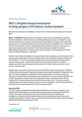 MCC's Brigitte Knopf Nominated to Help Prepare UN Climate Action