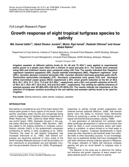 Growth Response of Eight Tropical Turfgrass Species to Salinity
