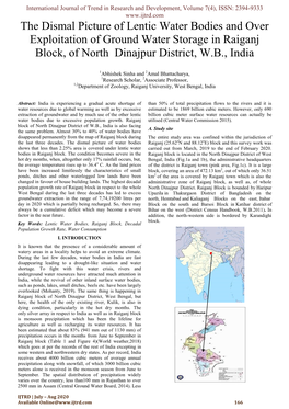 The Dismal Picture of Lentic Water Bodies and Over Exploitation of Ground Water Storage in Raiganj Block, of North Dinajpur District, W.B., India