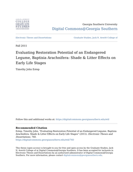 Evaluating Restoration Potential of an Endangered Legume, Baptisia Arachnifera: Shade & Litter Effects on Early Life Stages