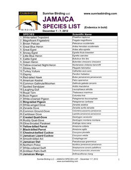 SPECIES LIST (Endemics in Bold) December 1 - 7, 2012 SPECIES Scientific Name 1