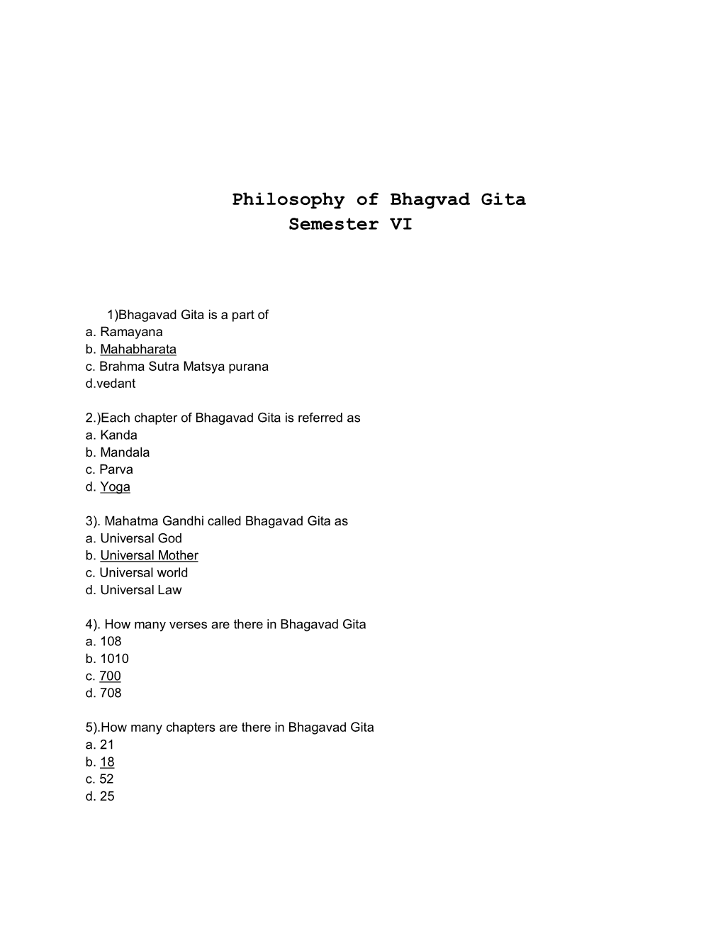 Philosophy of Bhagvad Gita Semester VI