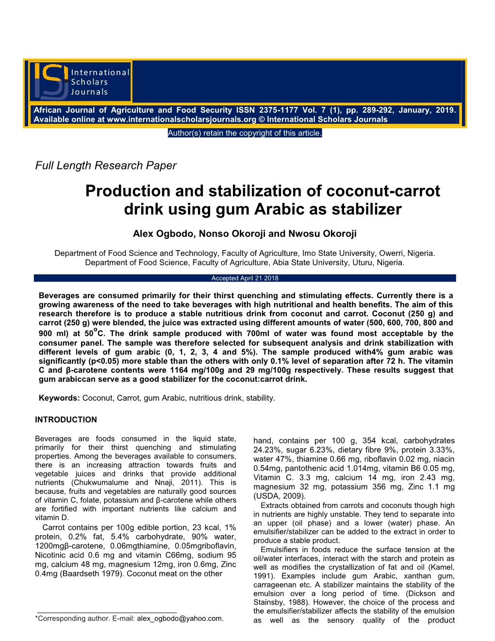 Production and Stabilization of Coconut-Carrot Drink Using Gum Arabic As Stabilizer