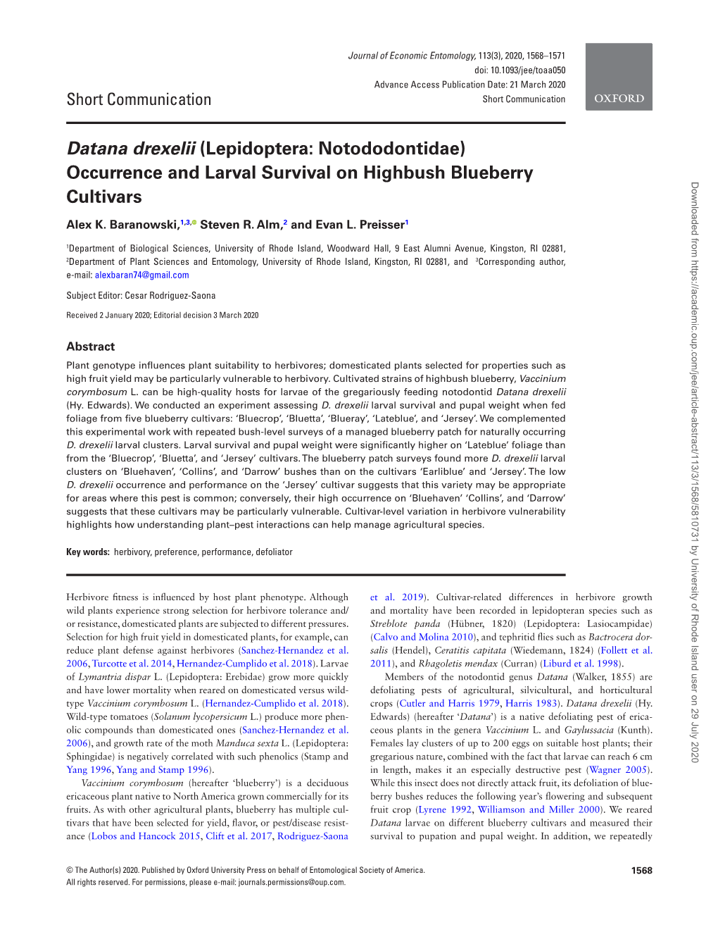 Occurrence and Larval Survival on Highbush Blueberry Cultivars