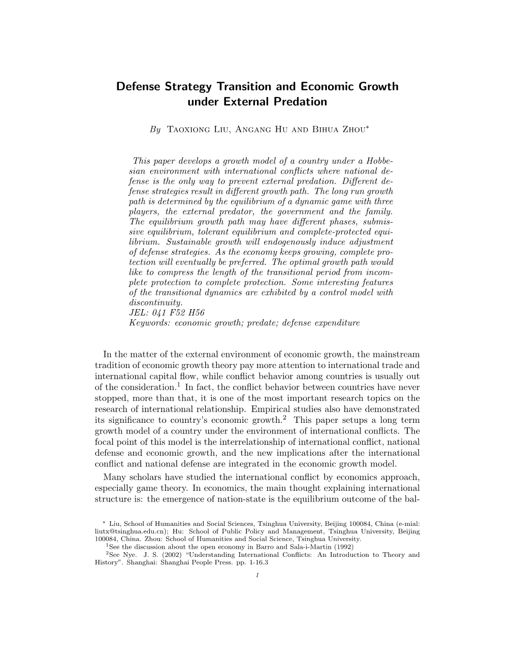 Defense Strategy Transition and Economic Growth Under External Predation