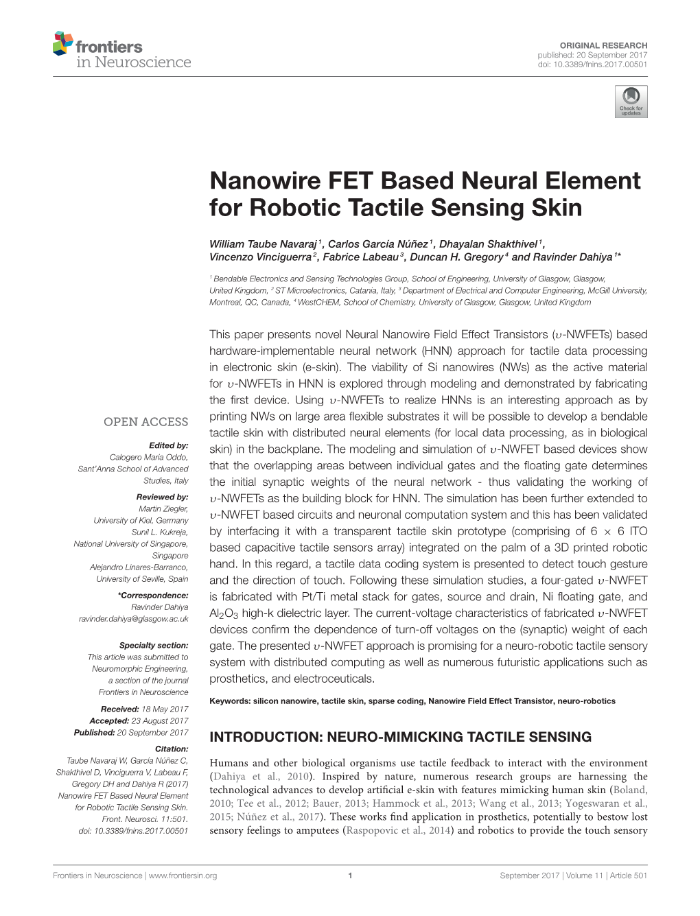 Nanowire FET Based Neural Element for Robotic Tactile Sensing Skin