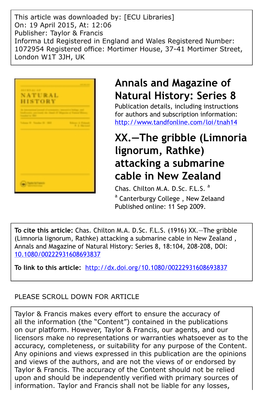 Limnoria Lignorum, Rathke) Attacking a Submarine Cable in New Zealand Chas
