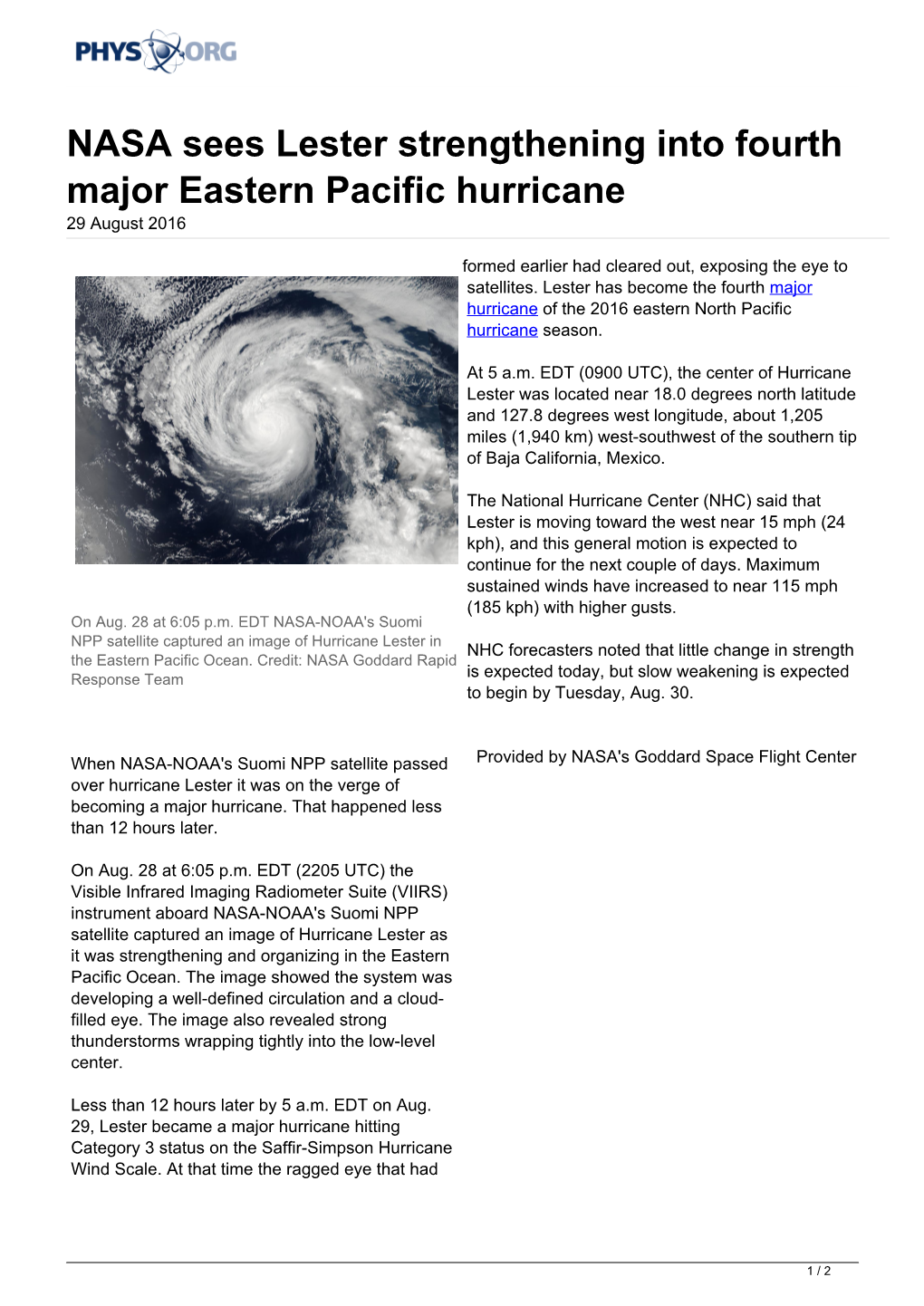 NASA Sees Lester Strengthening Into Fourth Major Eastern Pacific Hurricane 29 August 2016