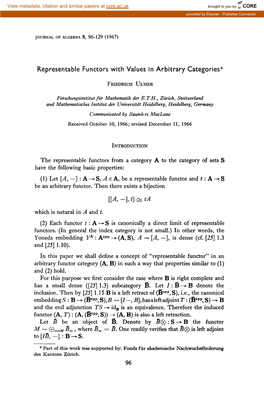 Representable Functors with Values in Arbitrary Categories* T