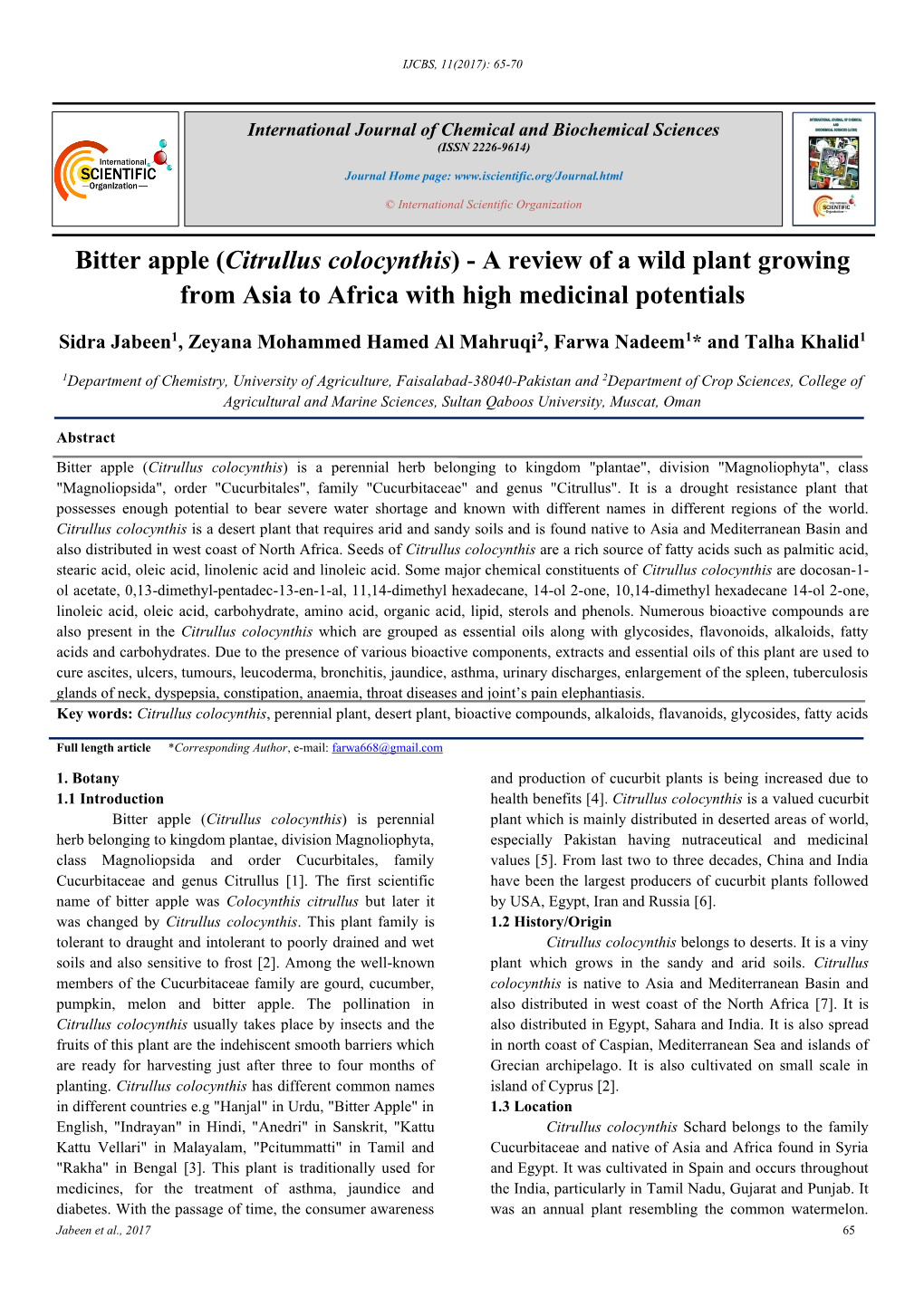 Bitter Apple (Citrullus Colocynthis) - a Review of a Wild Plant Growing from Asia to Africa with High Medicinal Potentials