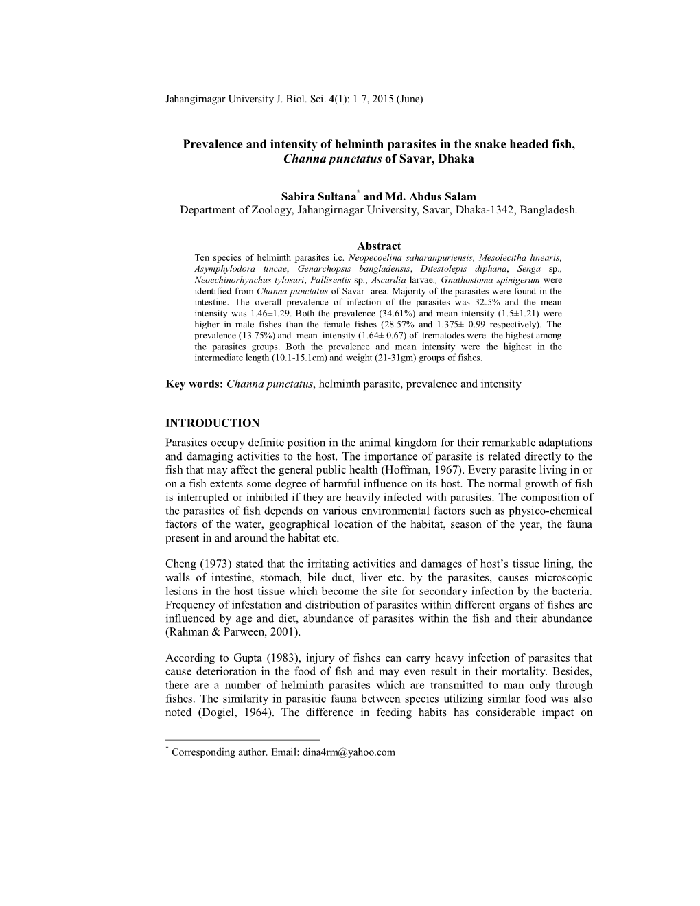 Prevalence and Intensity of Helminth Parasites in the Snake Headed Fish, Channa Punctatus of Savar, Dhaka