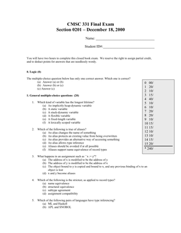 CMSC 331 Final Exam Section 0201 – December 18, 2000