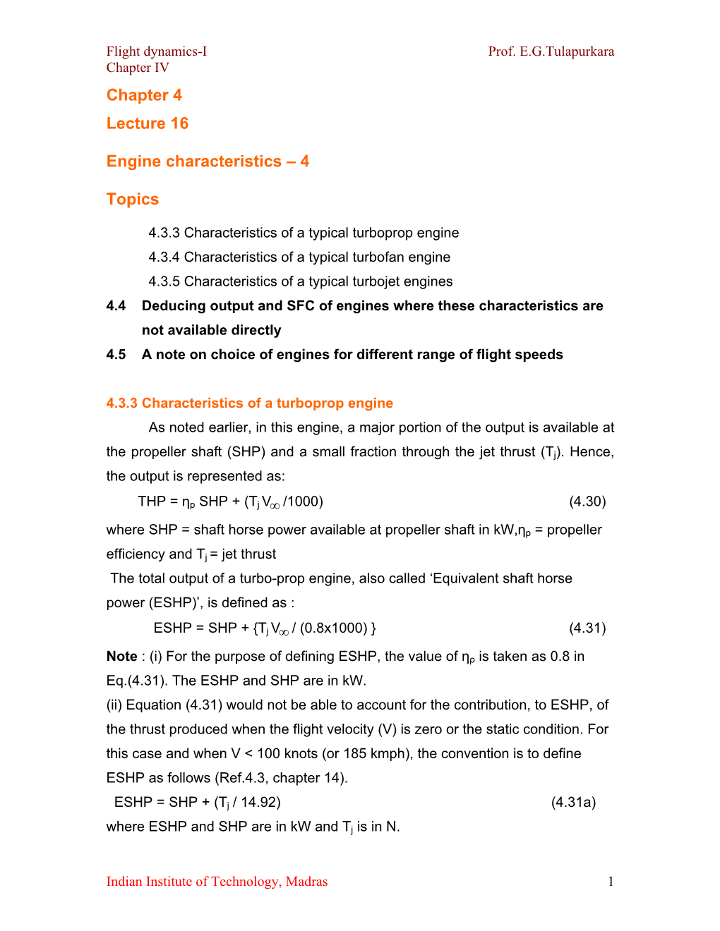 Chapter 4 Lecture 16 Engine Characteristics – 4 Topics