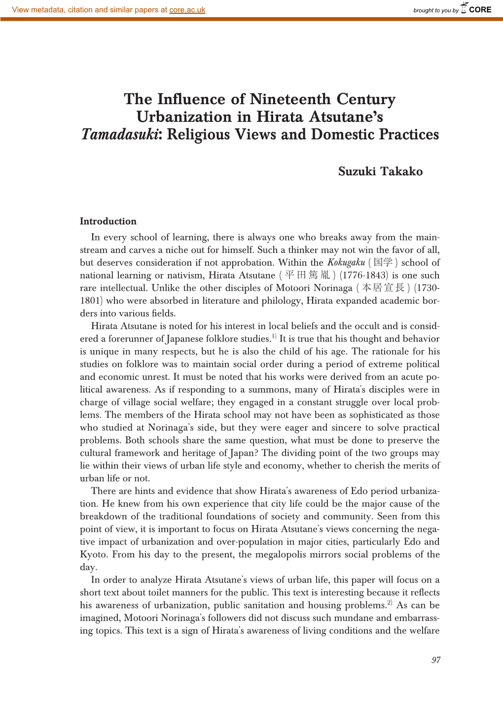 The Influence of Nineteenth Century Urbanization in Hirata Atsutane's