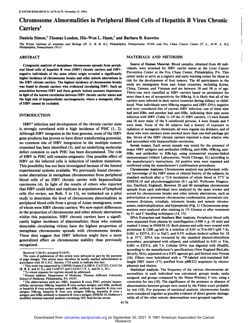 Chromosome Abnormalities in Peripheral Blood Cells of Hepatitis B Virus Chronic Carriers'