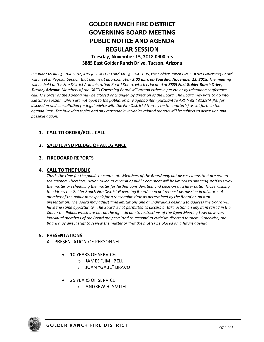 Golder Ranch Fire District Governing Board Meeting Public Notice and Agenda Regular Session