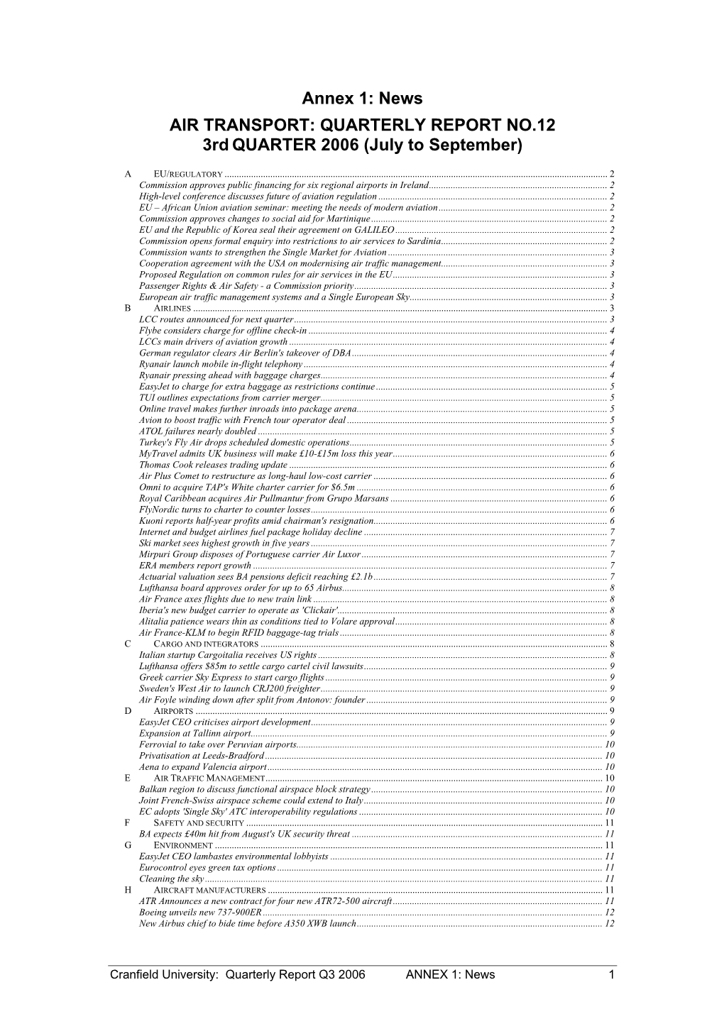 AIR TRANSPORT: QUARTERLY REPORT NO.12 3Rd QUARTER 2006 (July to September)