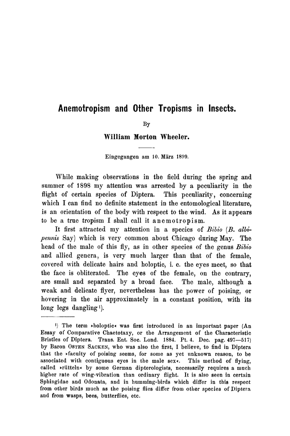 Anemotropism and Other Tropisms in Insects