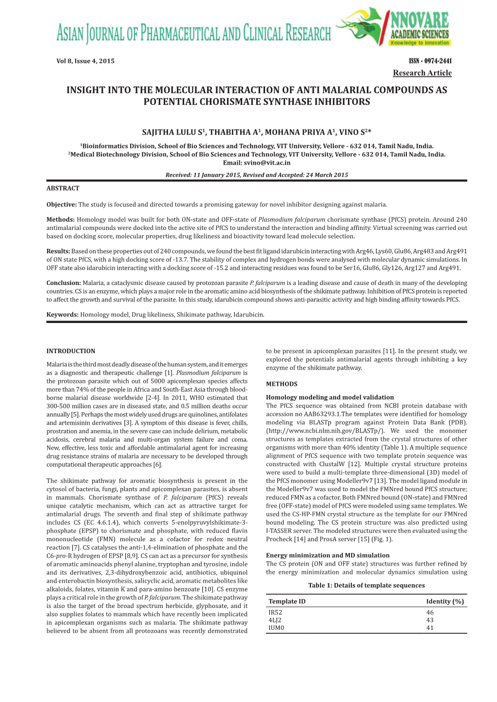 Insight Into the Molecular Interaction of Anti Malarial Compounds As Potential Chorismate Synthase Inhibitors