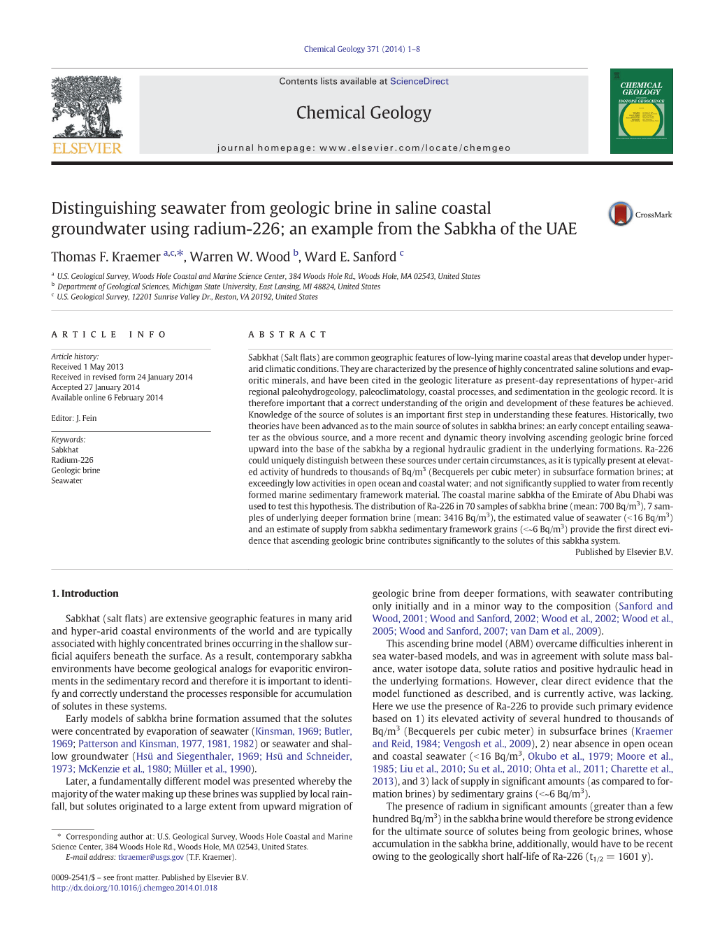 Distinguishing Seawater from Geologic Brine in Saline Coastal Groundwater Using Radium-226; an Example from the Sabkha of the UAE