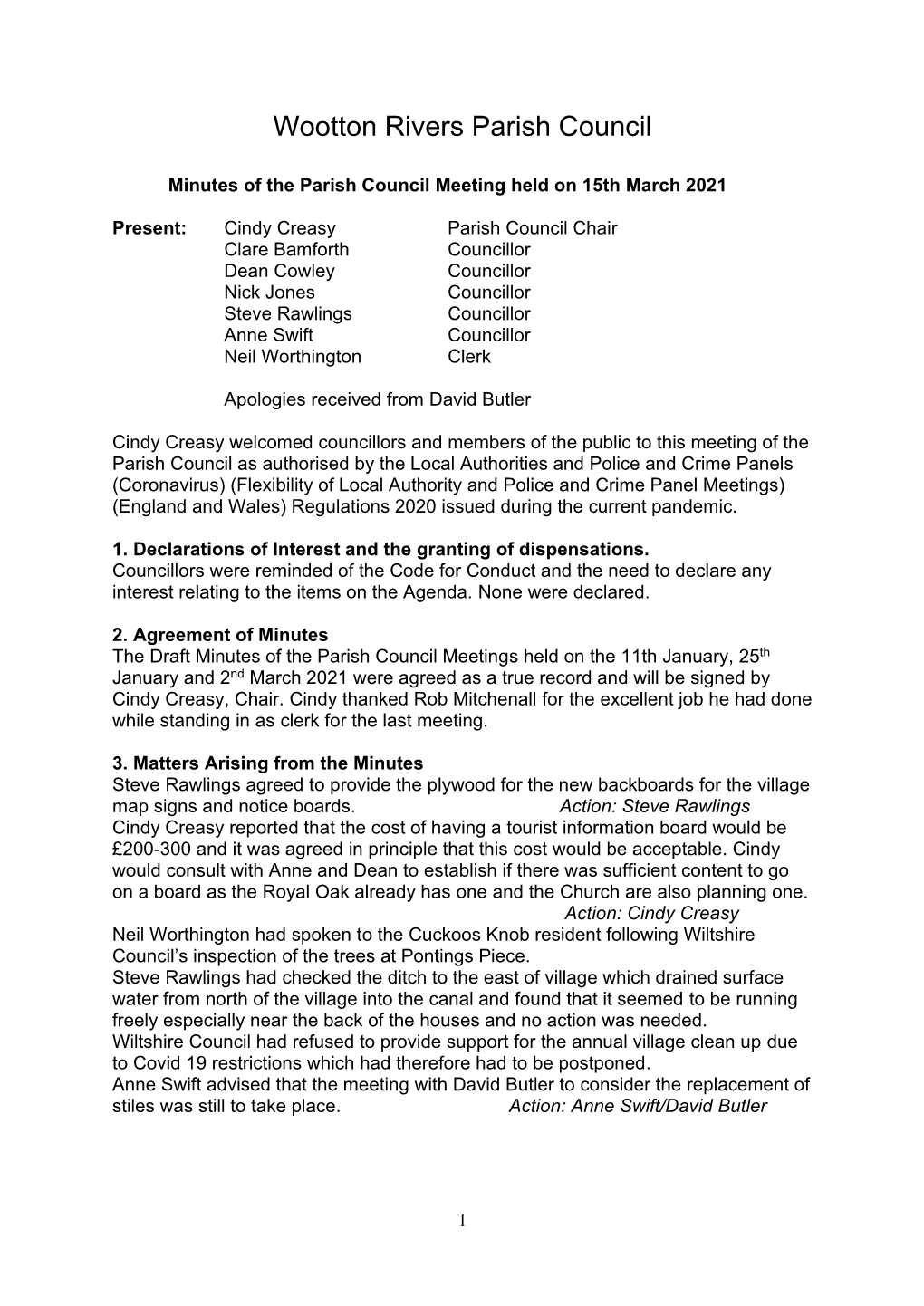 Minutes of the Parish Council Meeting Held on 15Th March 2021