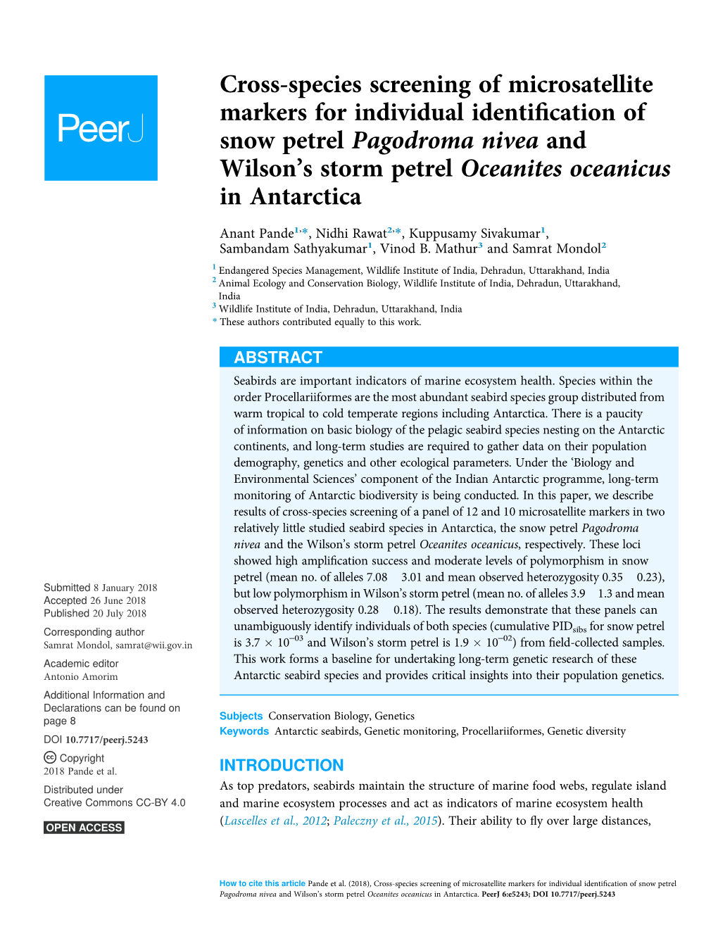 Cross-Species Screening of Microsatellite Markers for Individual Identification of Snow Petrel Pagodroma Nivea and Wilson's St