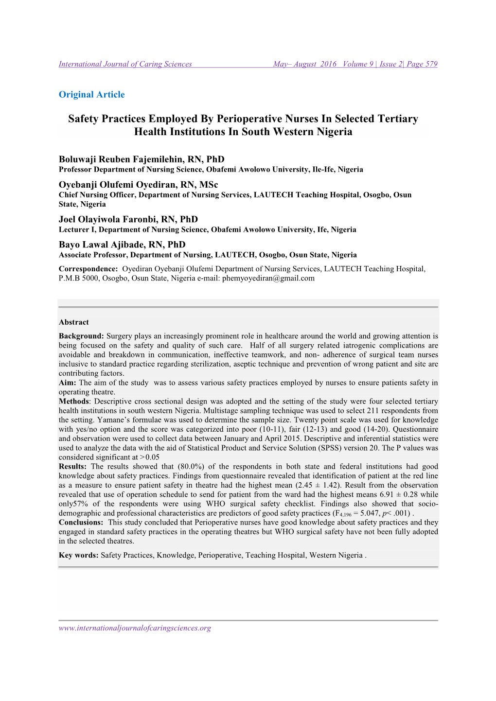 Safety Practices Employed by Perioperative Nurses in Selected Tertiary Health Institutions in South Western Nigeria